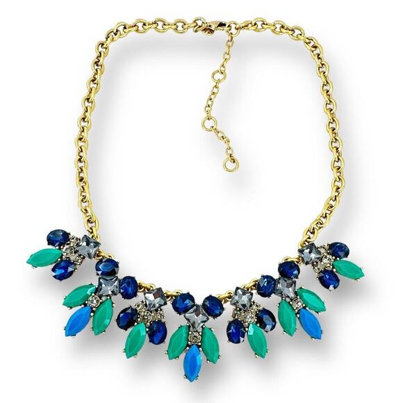 RARE Vintage J. CREW Necklace Brulee Blue Green Crystal Rhinestones Gold Tone - Picture 1 of 9
